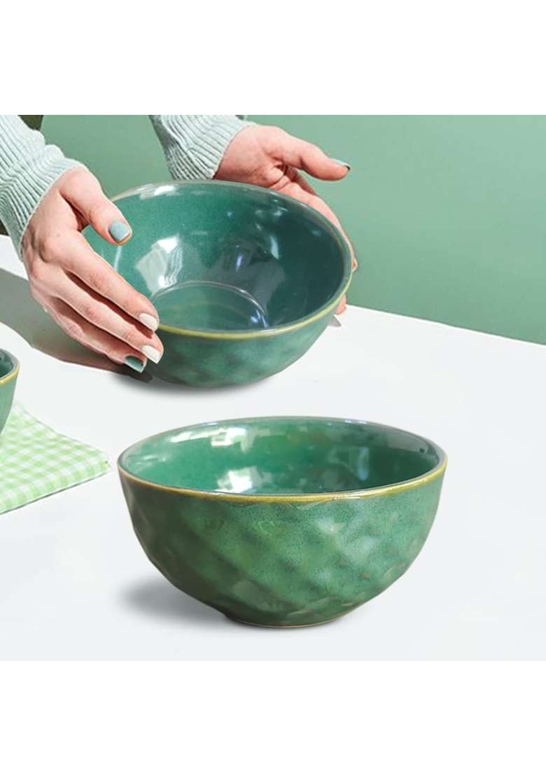 The Earth Store Studio Pottery Green Ceramic Snack Serving Bowls for Serving Pasta | 2-Piece Set | Microwave Safe - Indya