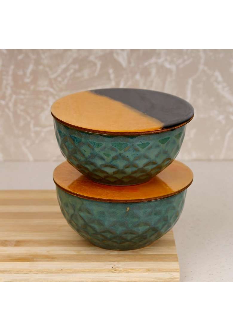 The Earth Store Set of Studio Pottery Dual Tone Green Ceramic Bowl with Multipurpose Uses Lid | 400 ml | 13.5 fl oz | 2-Piece Set | Dishwasher Safe - Indya
