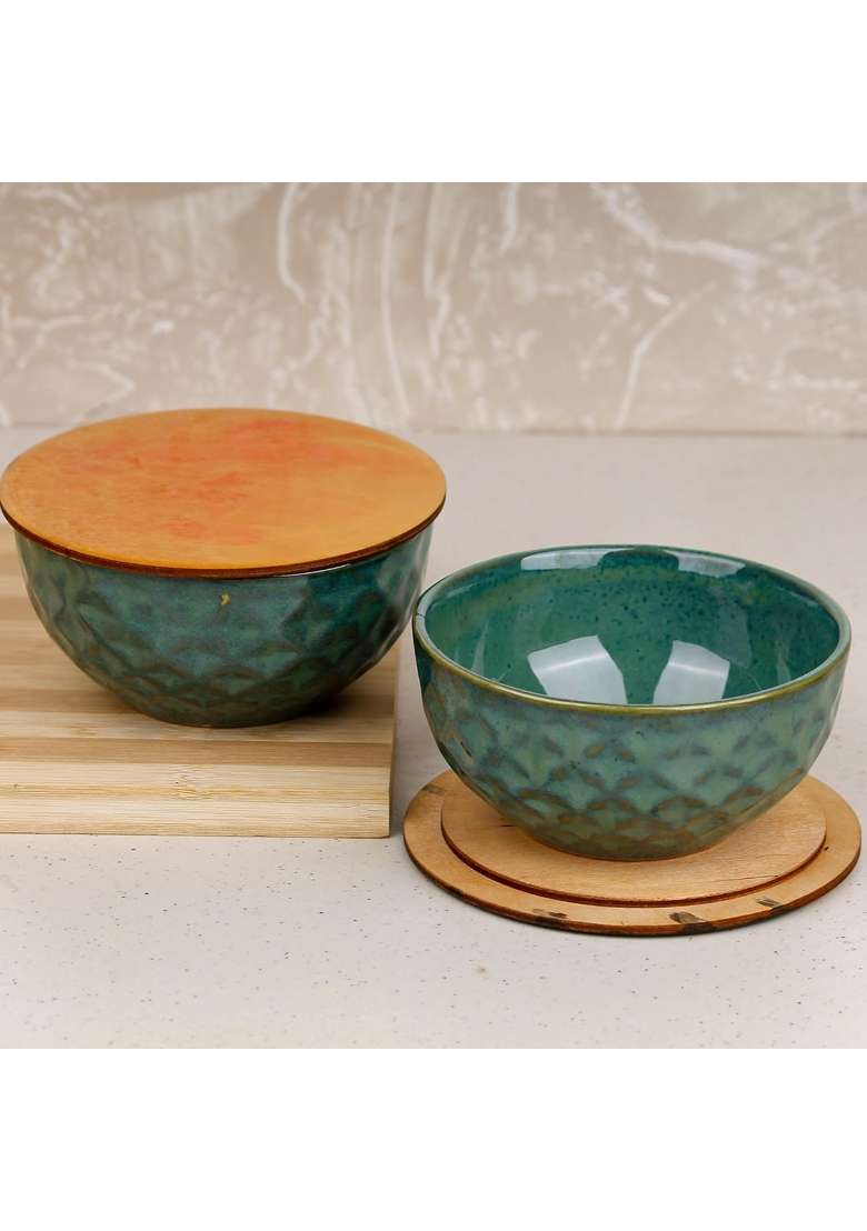The Earth Store Set of Studio Pottery Dual Tone Green Ceramic Bowl with Multipurpose Uses Lid | 400 ml | 13.5 fl oz | 2-Piece Set | Dishwasher Safe - Indya