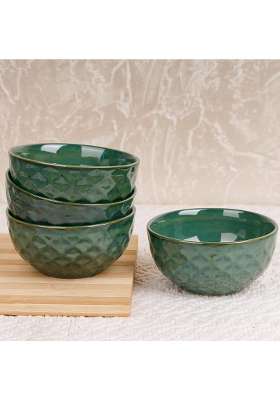 The Earth Store Studio Pottery Green Ceramic Bowl | 400 ml | 13.5 fl oz | 4-Piece Set | Dishwasher Safe | Microwave Safe