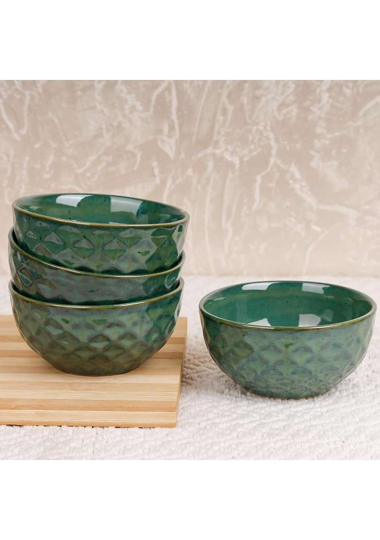 The Earth Store Studio Pottery Green Ceramic Bowl | 400 ml | 13.5 fl oz | 4-Piece Set | Dishwasher Safe | Microwave Safe - Indya