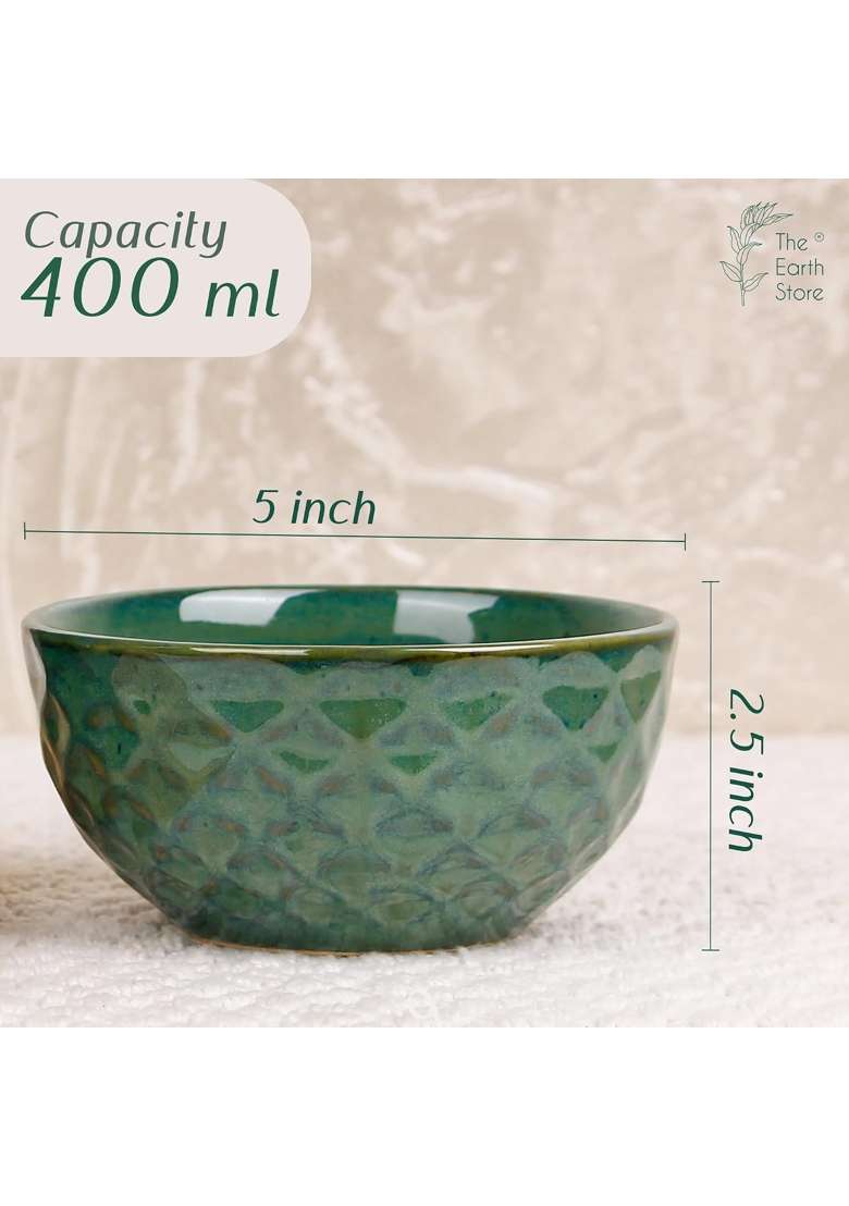 The Earth Store Studio Pottery Green Ceramic Bowl | 400 ml | 13.5 fl oz | 4-Piece Set | Dishwasher Safe | Microwave Safe - Indya