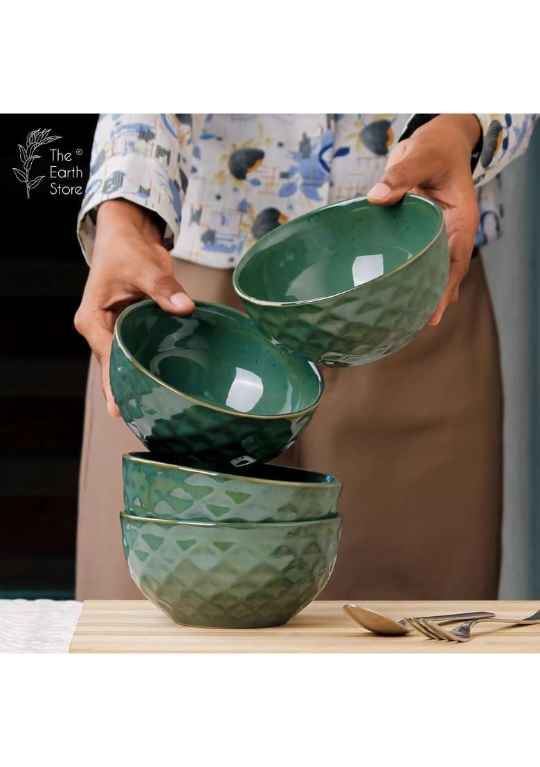 The Earth Store Studio Pottery Green Ceramic Bowl | 400 ml | 13.5 fl oz | 4-Piece Set | Dishwasher Safe | Microwave Safe - Indya