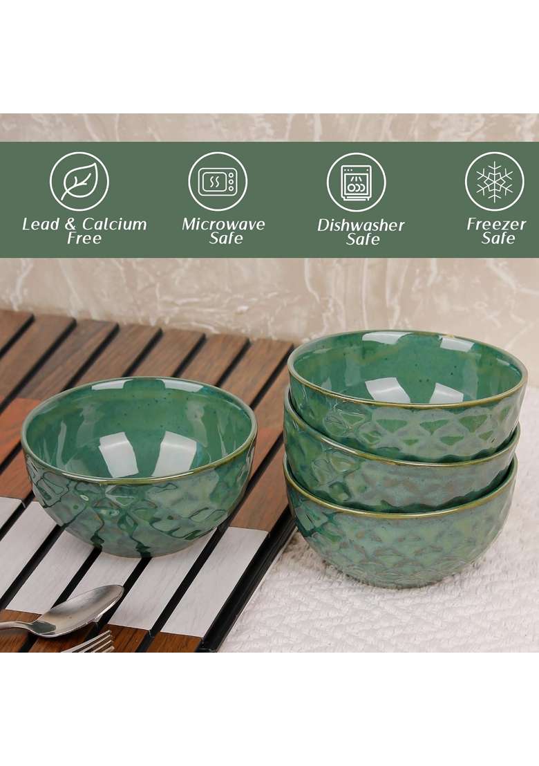 The Earth Store Studio Pottery Green Ceramic Bowl | 400 ml | 13.5 fl oz | 4-Piece Set | Dishwasher Safe | Microwave Safe - Indya