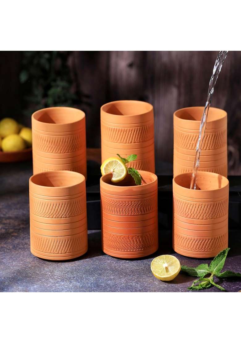 THE HANDICRAFTIAN Handcrafted Terracotta Jumbo Glass Set | 400 ml | 13.5 fl oz | 6-Piece Set | Microwave Safe - Indya