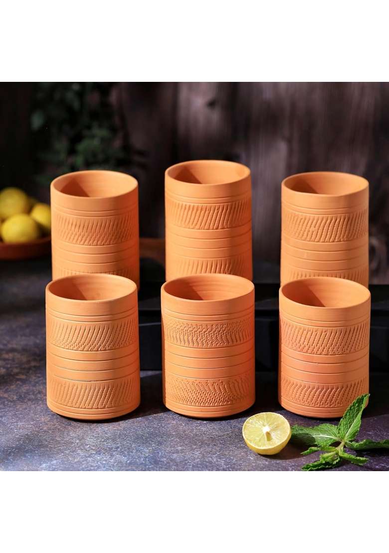 THE HANDICRAFTIAN Handcrafted Terracotta Jumbo Glass Set | 400 ml | 13.5 fl oz | 6-Piece Set | Microwave Safe - Indya