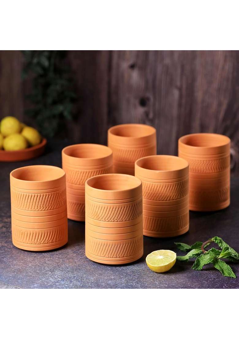 THE HANDICRAFTIAN Handcrafted Terracotta Jumbo Glass Set | 400 ml | 13.5 fl oz | 6-Piece Set | Microwave Safe - Indya