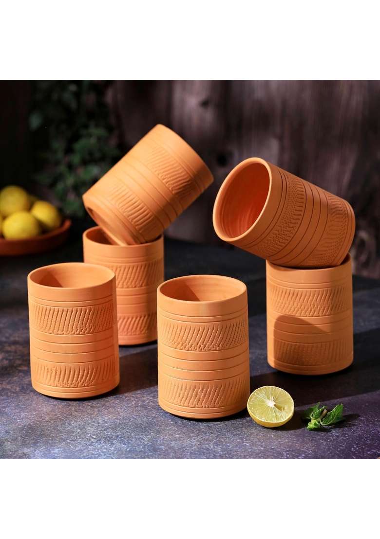 THE HANDICRAFTIAN Handcrafted Terracotta Jumbo Glass Set | 400 ml | 13.5 fl oz | 6-Piece Set | Microwave Safe - Indya