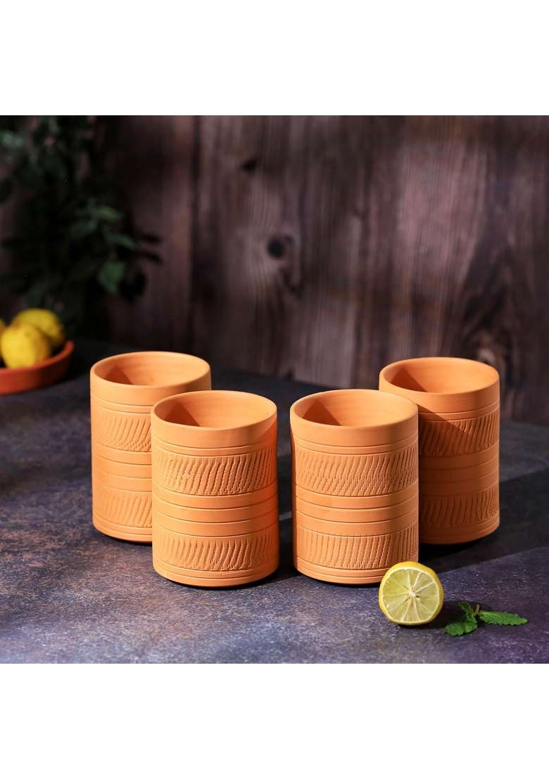 THE HANDICRAFTIAN Handcrafted Terracotta Jumbo Glass Set | 400 ml | 13.5 fl oz | 4-Piece Set | Microwave Safe - Indya
