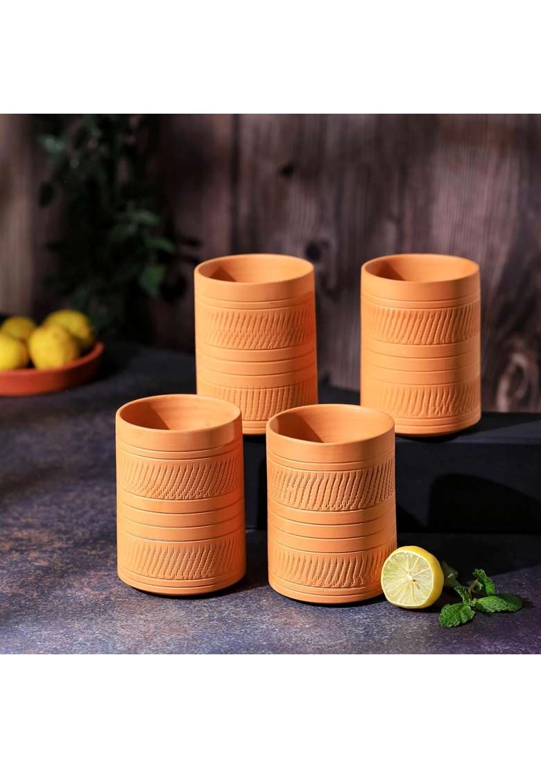 THE HANDICRAFTIAN Handcrafted Terracotta Jumbo Glass Set | 400 ml | 13.5 fl oz | 4-Piece Set | Microwave Safe - Indya