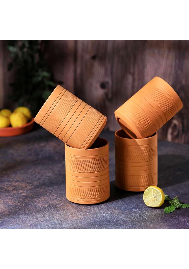 THE HANDICRAFTIAN Handcrafted Terracotta Jumbo Glass Set | 400 ml | 13.5 fl oz | 4-Piece Set | Microwave Safe - Indya
