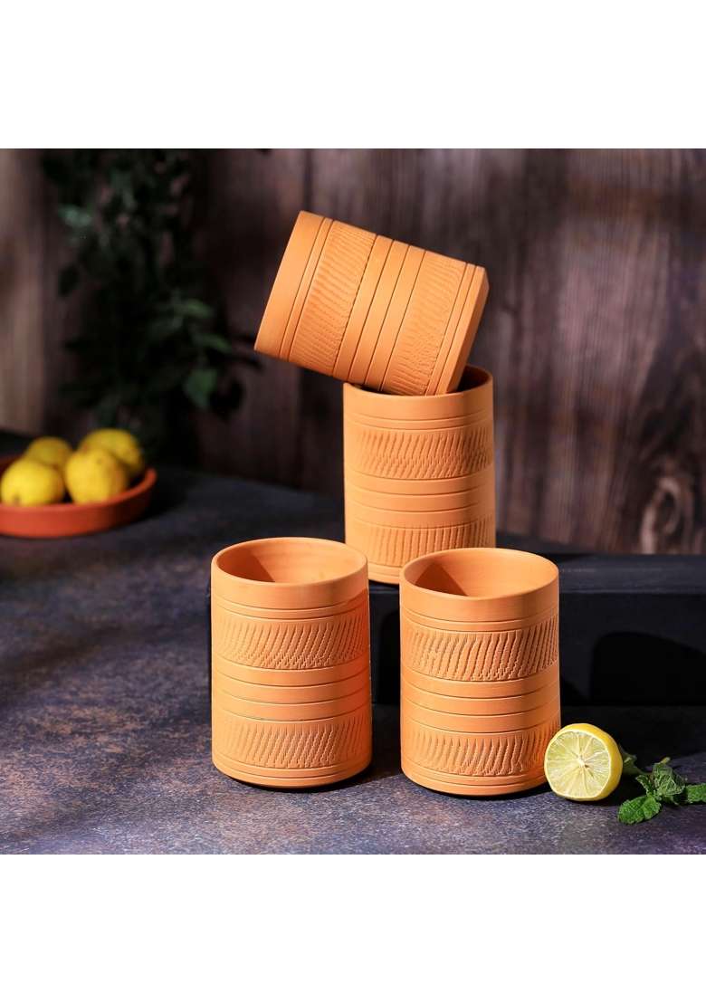 THE HANDICRAFTIAN Handcrafted Terracotta Jumbo Glass Set | 400 ml | 13.5 fl oz | 4-Piece Set | Microwave Safe - Indya