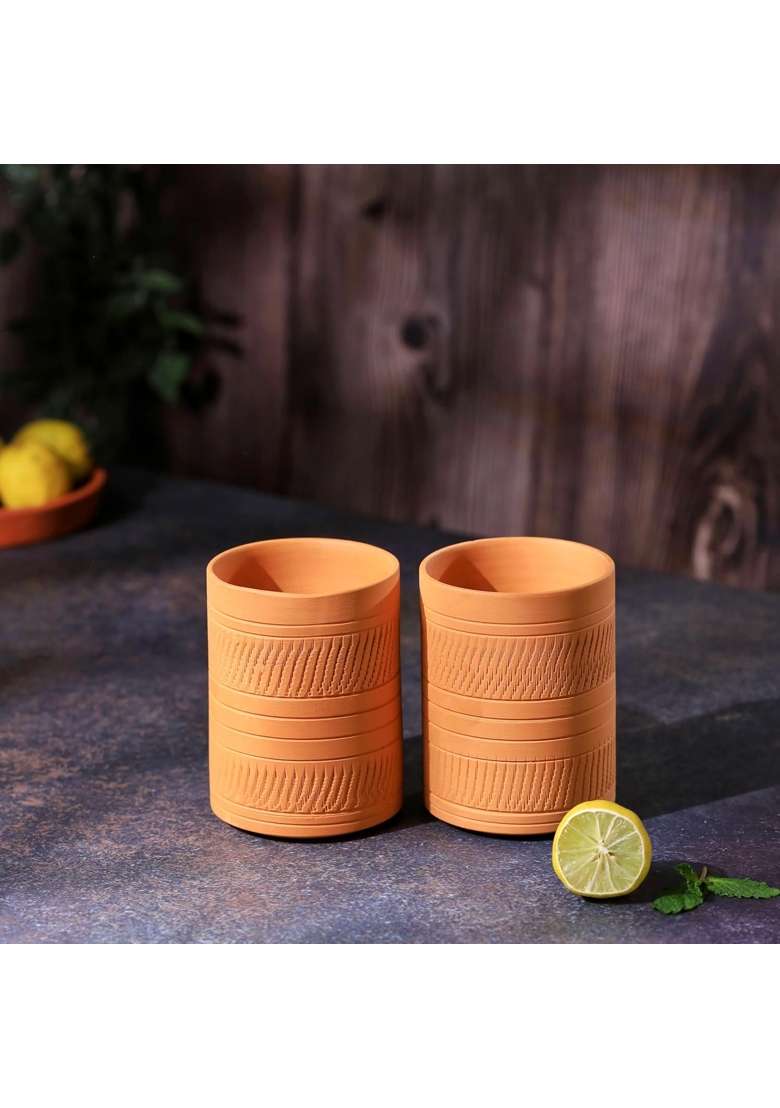 THE HANDICRAFTIAN Handcrafted Terracotta Jumbo Glass Set | 400 ml | 13.5 fl oz | 2-Piece Set | Microwave Safe - Indya