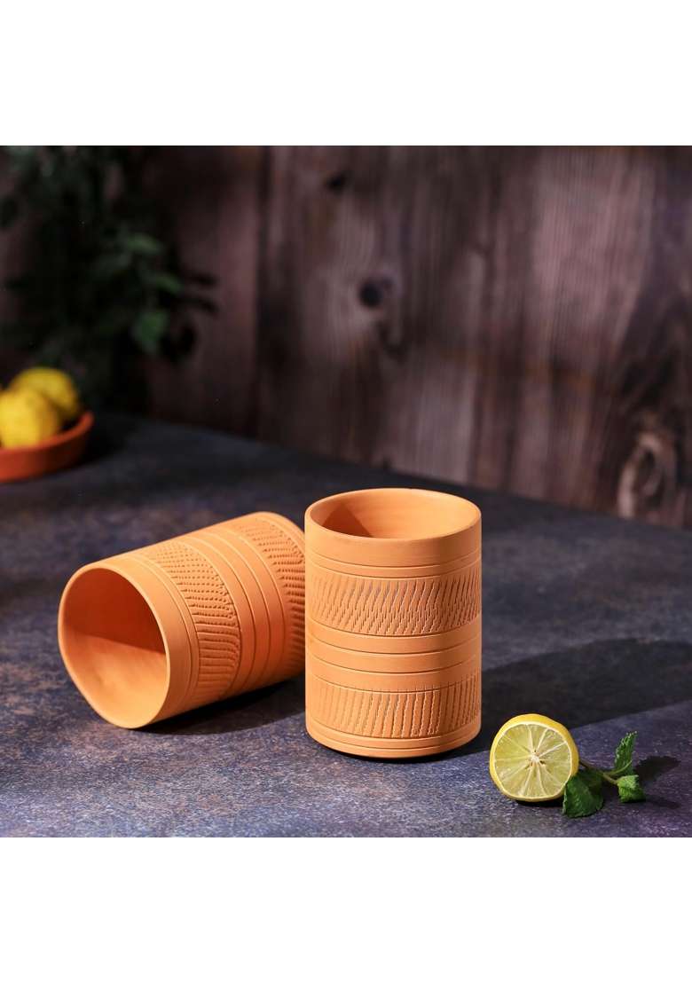 THE HANDICRAFTIAN Handcrafted Terracotta Jumbo Glass Set | 400 ml | 13.5 fl oz | 2-Piece Set | Microwave Safe - Indya