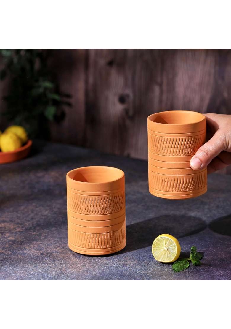 THE HANDICRAFTIAN Handcrafted Terracotta Jumbo Glass Set | 400 ml | 13.5 fl oz | 2-Piece Set | Microwave Safe - Indya