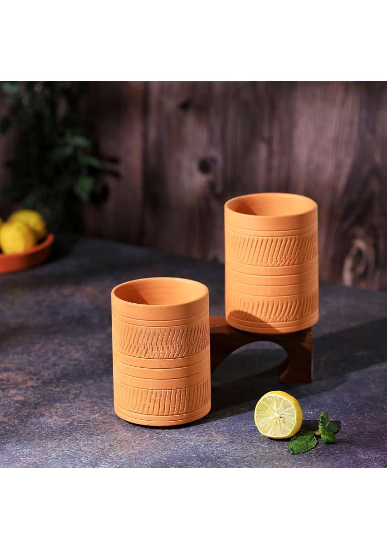 THE HANDICRAFTIAN Handcrafted Terracotta Jumbo Glass Set | 400 ml | 13.5 fl oz | 2-Piece Set | Microwave Safe - Indya