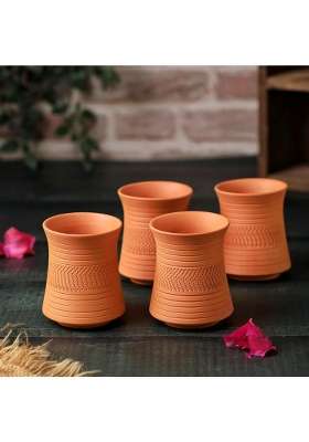 THE HANDICRAFTIAN Handcrafted Terracotta Clay Glass Set | 300 ml | 10.1 fl oz | 4-Piece Set | Microwave Safe
