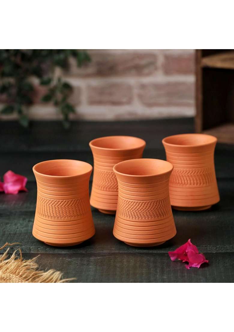 THE HANDICRAFTIAN Handcrafted Terracotta Clay Glass Set | 300 ml | 10.1 fl oz | 4-Piece Set | Microwave Safe - Indya