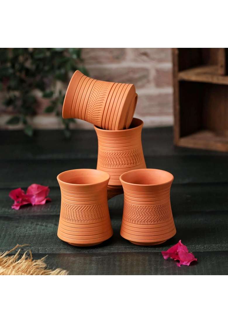 THE HANDICRAFTIAN Handcrafted Terracotta Clay Glass Set | 300 ml | 10.1 fl oz | 4-Piece Set | Microwave Safe - Indya