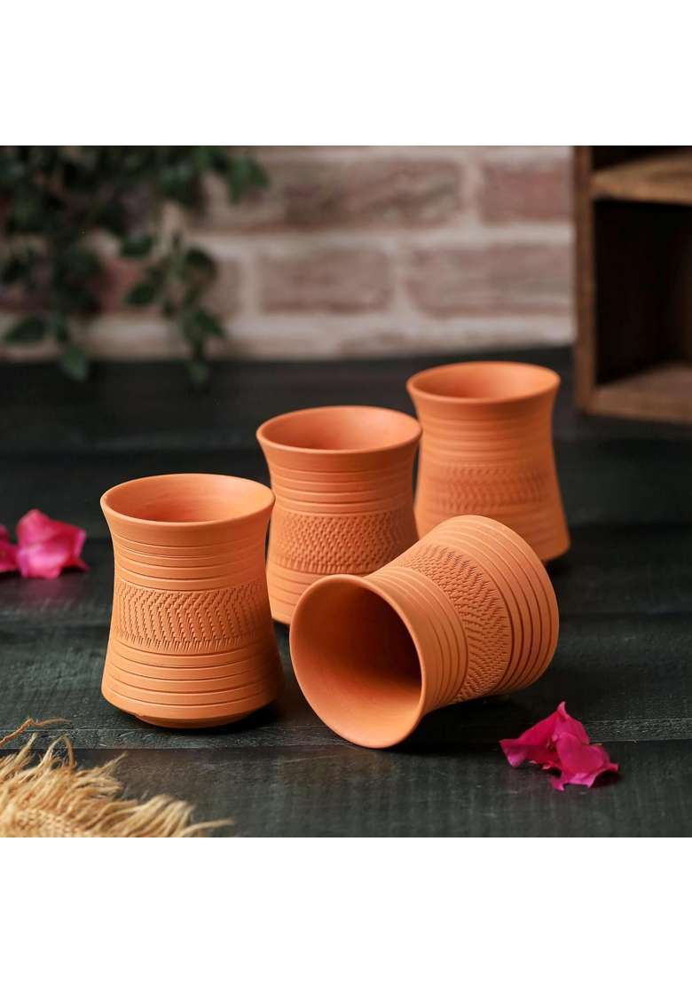 THE HANDICRAFTIAN Handcrafted Terracotta Clay Glass Set | 300 ml | 10.1 fl oz | 4-Piece Set | Microwave Safe - Indya