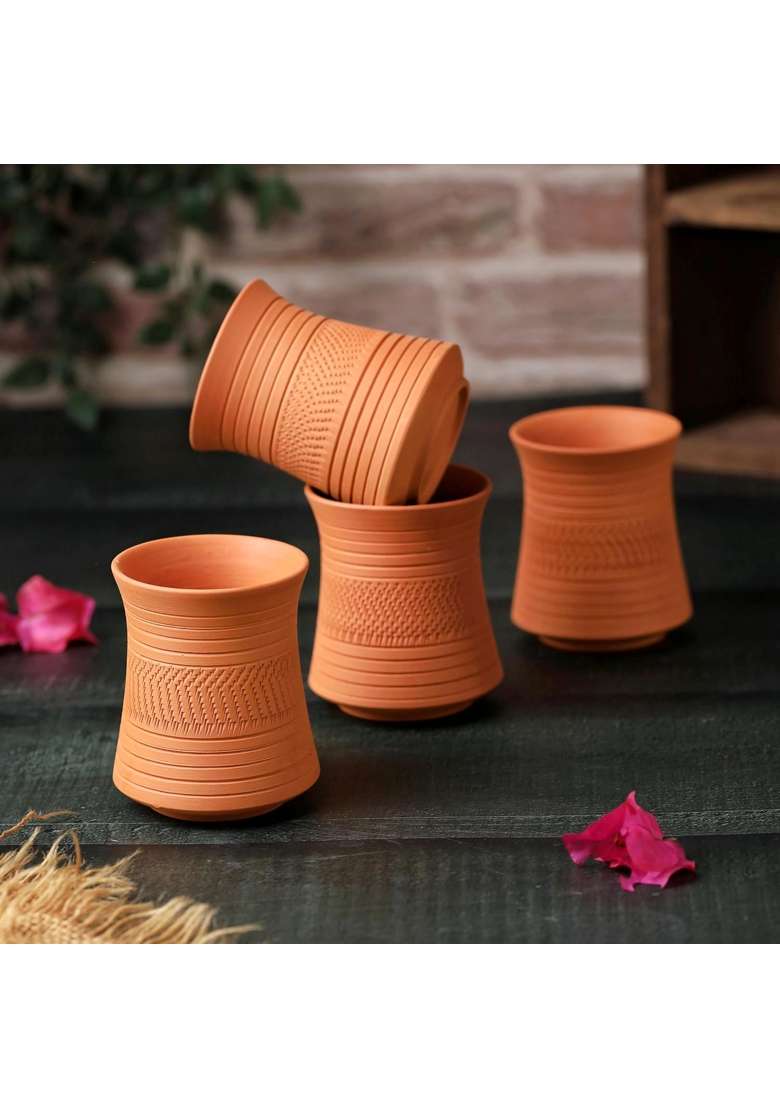 THE HANDICRAFTIAN Handcrafted Terracotta Clay Glass Set | 300 ml | 10.1 fl oz | 4-Piece Set | Microwave Safe - Indya