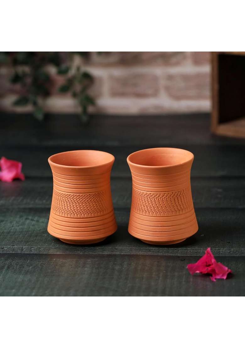 THE HANDICRAFTIAN Handcrafted Terracotta Clay Glass Set | 300 ml | 10.1 fl oz | 2-Piece Set | Microwave Safe - Indya
