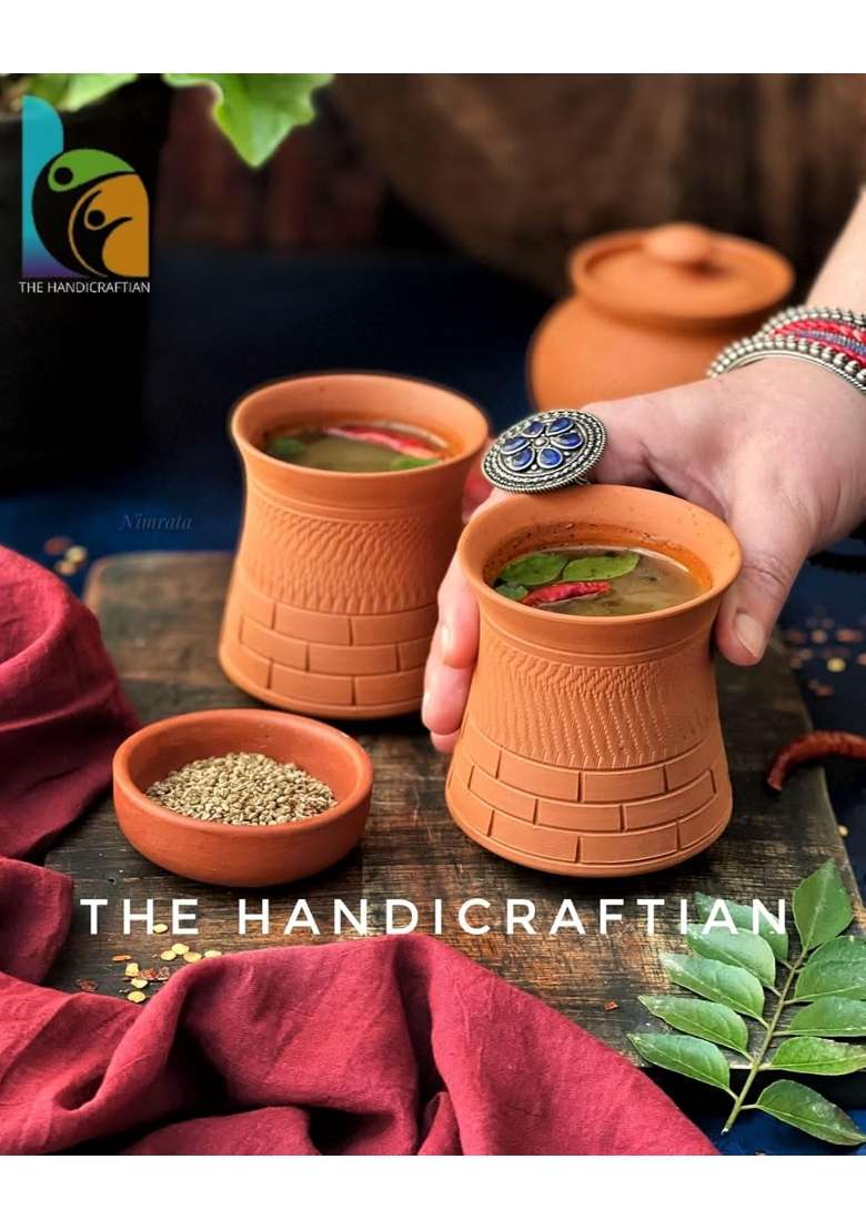 THE HANDICRAFTIAN Handcrafted Terracotta Clay Glass Set | 300 ml | 10.1 fl oz | 2-Piece Set | Microwave Safe - Indya