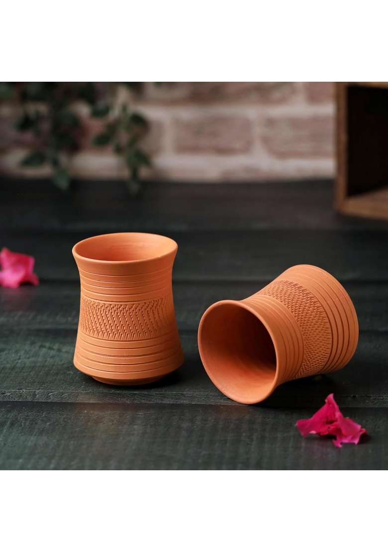 THE HANDICRAFTIAN Handcrafted Terracotta Clay Glass Set | 300 ml | 10.1 fl oz | 2-Piece Set | Microwave Safe - Indya