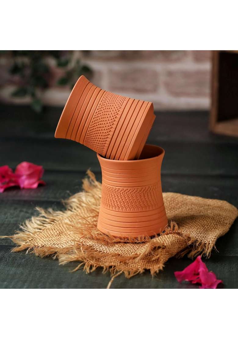 THE HANDICRAFTIAN Handcrafted Terracotta Clay Glass Set | 300 ml | 10.1 fl oz | 2-Piece Set | Microwave Safe - Indya