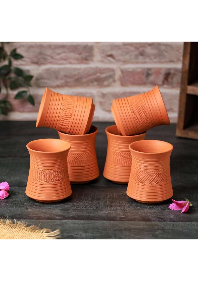 THE HANDICRAFTIAN Handcrafted Terracotta Clay Glass Set | 300 ml | 10.1 fl oz | 6-Piece Set | Microwave Safe - Indya