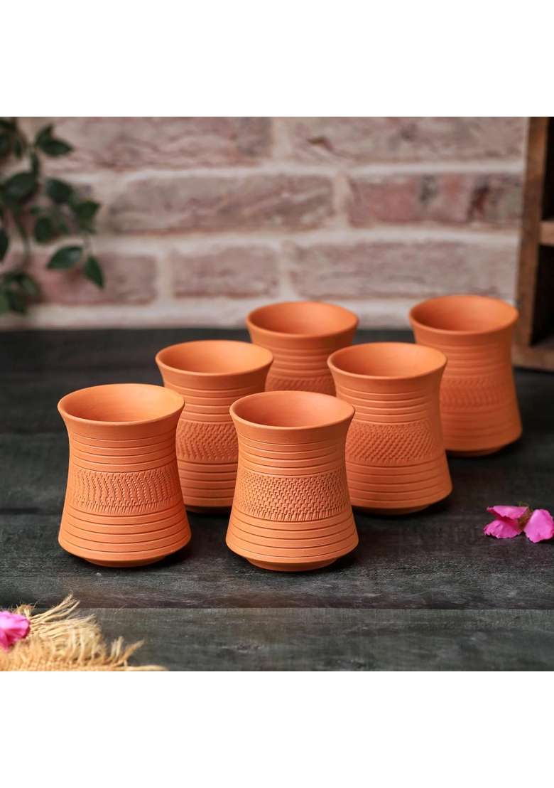 THE HANDICRAFTIAN Handcrafted Terracotta Clay Glass Set | 300 ml | 10.1 fl oz | 6-Piece Set | Microwave Safe - Indya