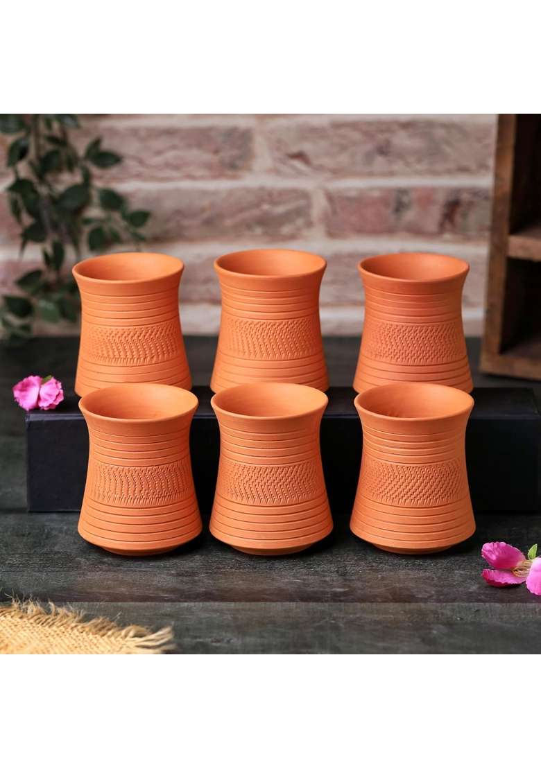 THE HANDICRAFTIAN Handcrafted Terracotta Clay Glass Set | 300 ml | 10.1 fl oz | 6-Piece Set | Microwave Safe - Indya