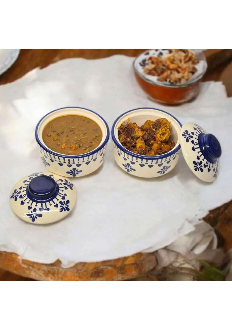 VOIDROP Blue Drape Multipurpose Ceramic Bowl with Lid | 300 ml | 10.1 fl oz | 2-Piece Set - Indya