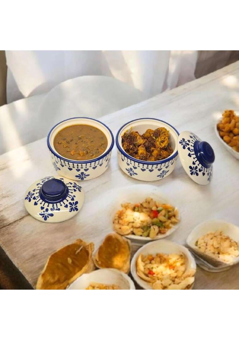 VOIDROP Blue Drape Multipurpose Ceramic Bowl with Lid | 300 ml | 10.1 fl oz | 2-Piece Set - Indya