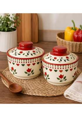 VOIDROP Red Floral Print Ceramic Bowl with Lid | 500 ml | 16.9 fl oz | 2-Piece Set