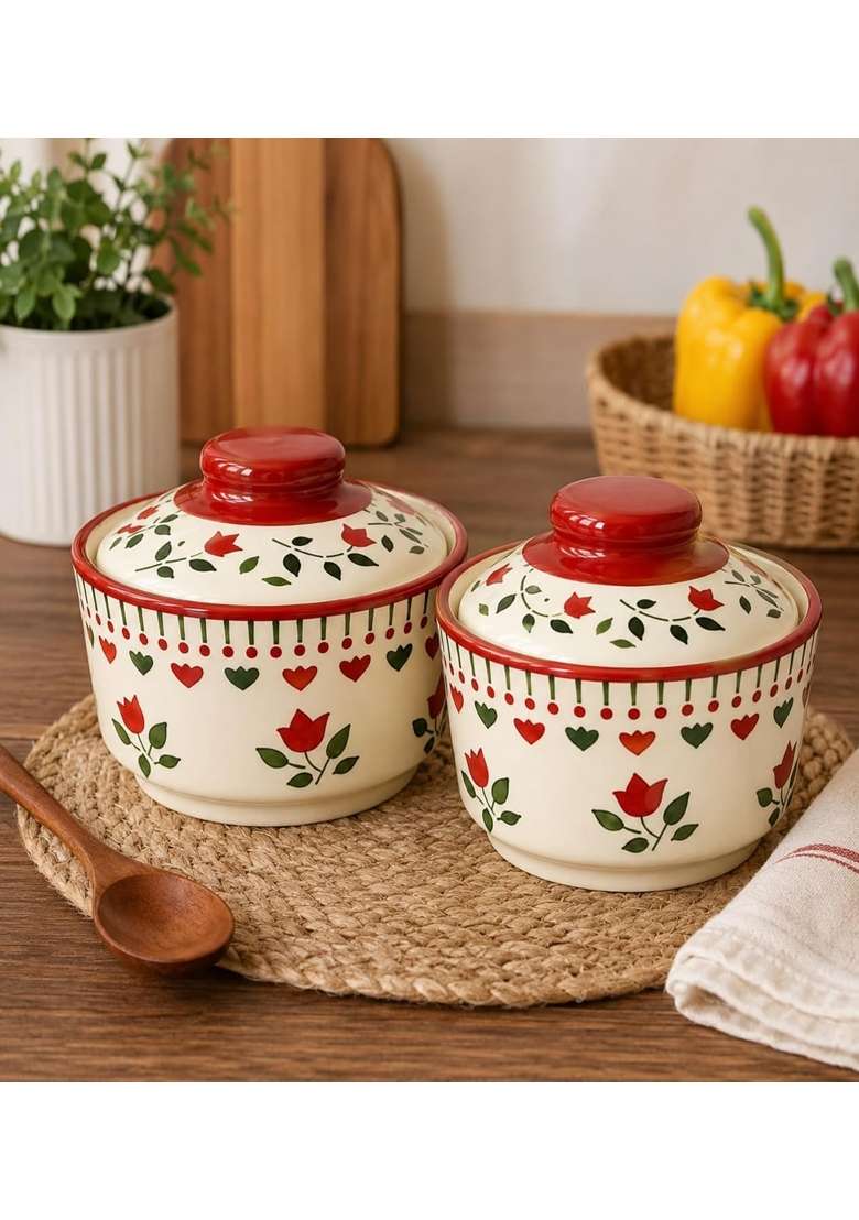 VOIDROP Red Floral Print Ceramic Bowl with Lid | 500 ml | 16.9 fl oz | 2-Piece Set - Indya