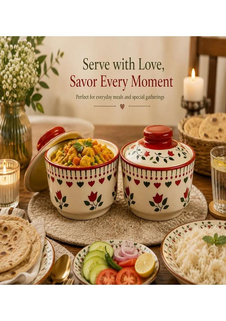 VOIDROP Red Floral Print Ceramic Bowl with Lid | 500 ml | 16.9 fl oz | 2-Piece Set - Indya