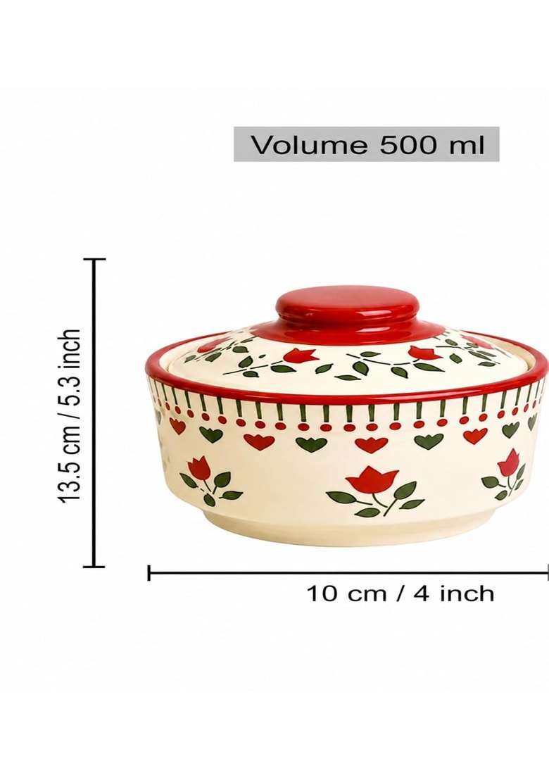 VOIDROP Red Floral Print Ceramic Bowl with Lid | 500 ml | 16.9 fl oz | 2-Piece Set - Indya