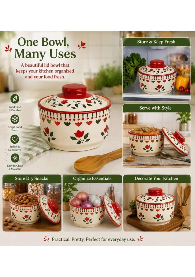 VOIDROP Red Floral Print Ceramic Bowl with Lid | 500 ml | 16.9 fl oz | 2-Piece Set - Indya