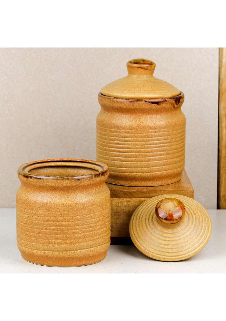 The Earth Store Brown Ceramic Pickle Jars | 1000 ml | 33.8 fl oz | 2-Piece Set | With Lid - Indya