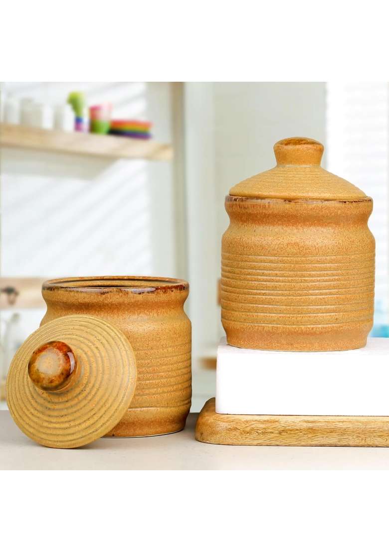 The Earth Store Brown Ceramic Pickle Jars | 1000 ml | 33.8 fl oz | 2-Piece Set | With Lid - Indya