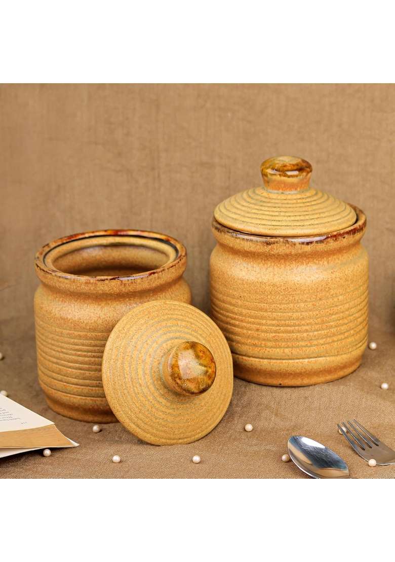 The Earth Store Brown Ceramic Pickle Jars | 1000 ml | 33.8 fl oz | 2-Piece Set | With Lid - Indya