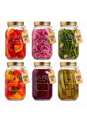 Kilner Premium Preserve Glass Jar Pcs | 1 L | 1.1 Qt | 6-Piece Set | Dishwasher Safe