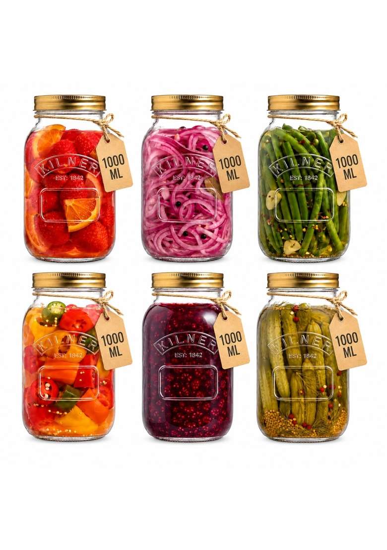 Kilner Premium Preserve Glass Jar Pcs | 1 L | 1.1 Qt | 6-Piece Set | Dishwasher Safe - Indya
