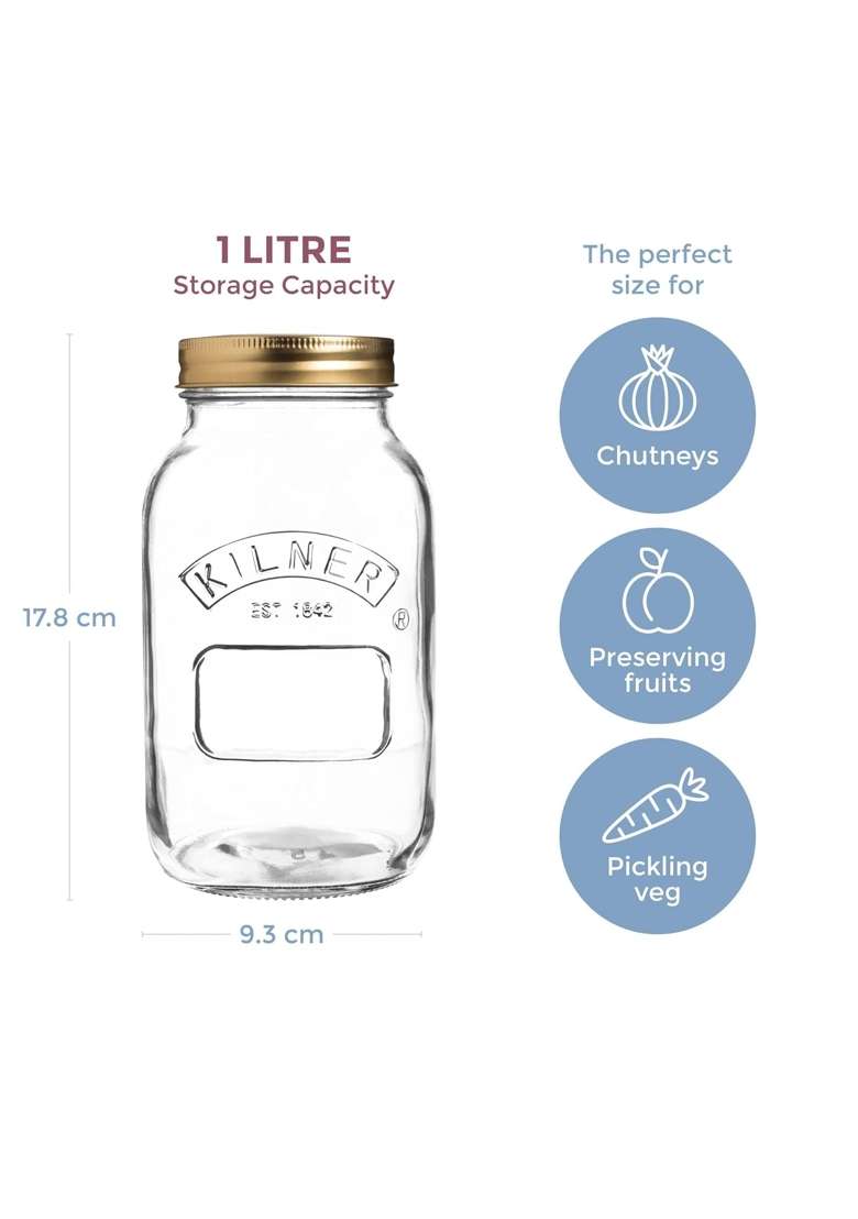 Kilner Premium Preserve Glass Jar Pcs | 1 L | 1.1 Qt | 6-Piece Set | Dishwasher Safe - Indya