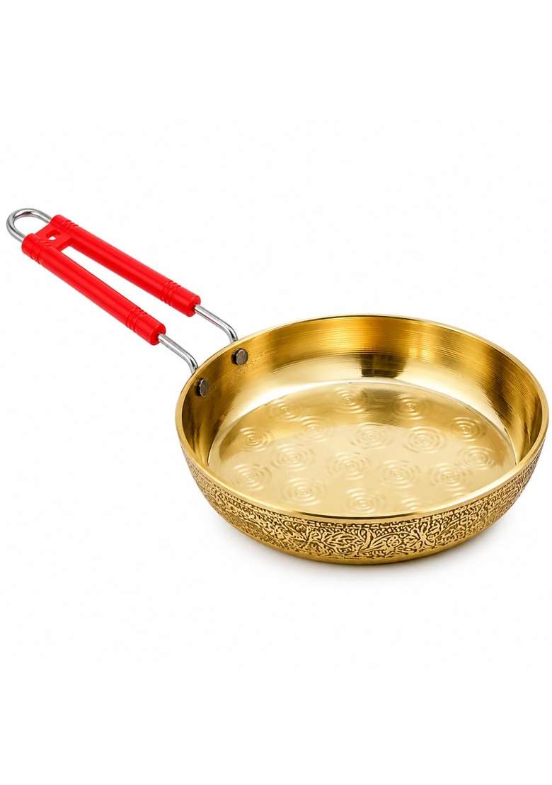 Pure Source India Brass Fry Pan with Heat Resistant Red Handle | 15 Inch - Indya