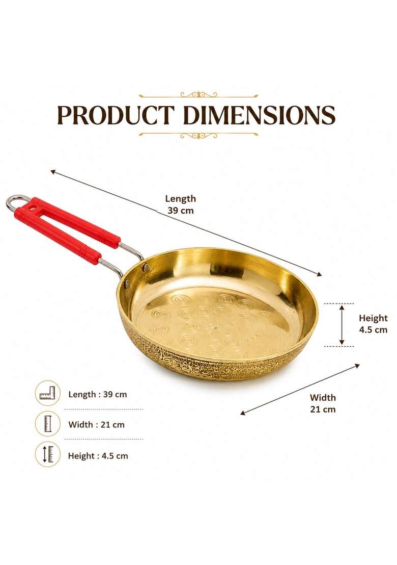 Pure Source India Brass Fry Pan with Heat Resistant Red Handle | 15 Inch - Indya