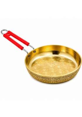 Pure Source India Brass Fry Pan with Heat Resistant Red Handle | 16 Inch