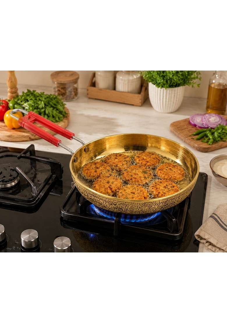 Pure Source India Brass Fry Pan with Heat Resistant Red Handle | 16 Inch - Indya