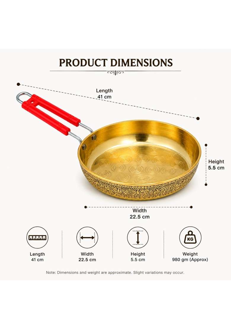 Pure Source India Brass Fry Pan with Heat Resistant Red Handle | 16 Inch - Indya